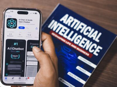 Smartphone displaying AI app with book on AI technology in background.